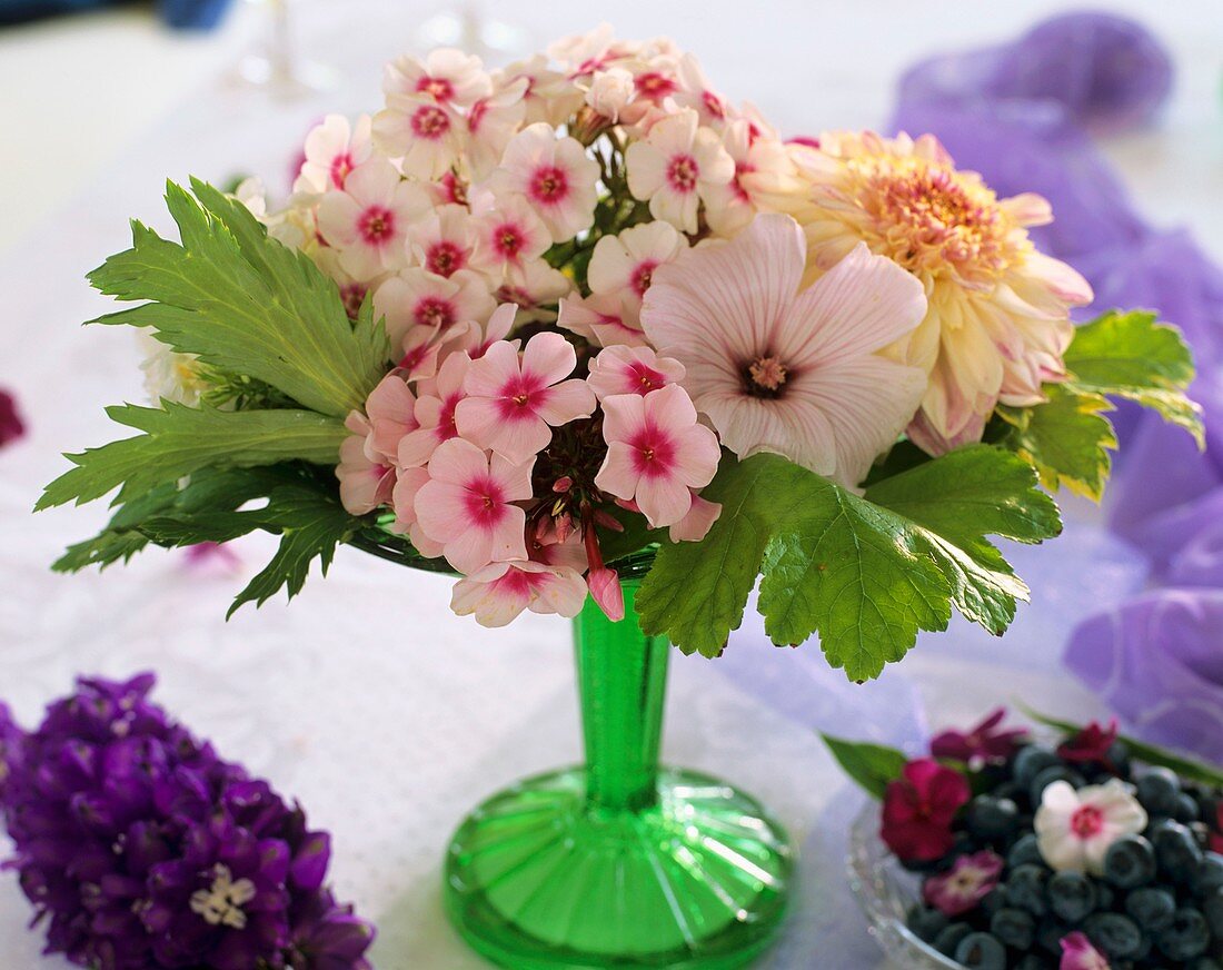 Arrangement of Phlox, rose mallow, dahlias and delphiniums