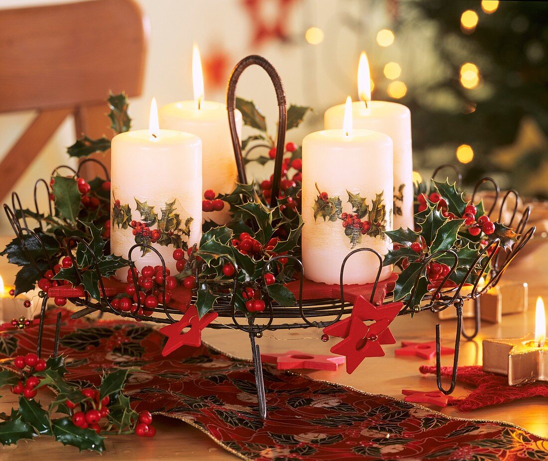 Candles with Ilex decoration