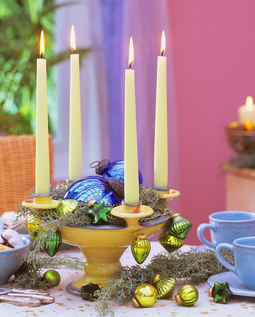 Candle holder decorated with Arizona cypress & tree ornaments