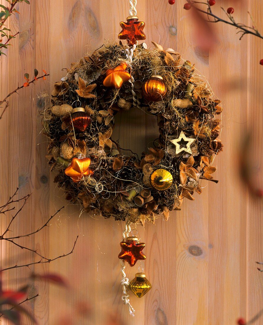 Dry Christmas wreath hanging on the wall