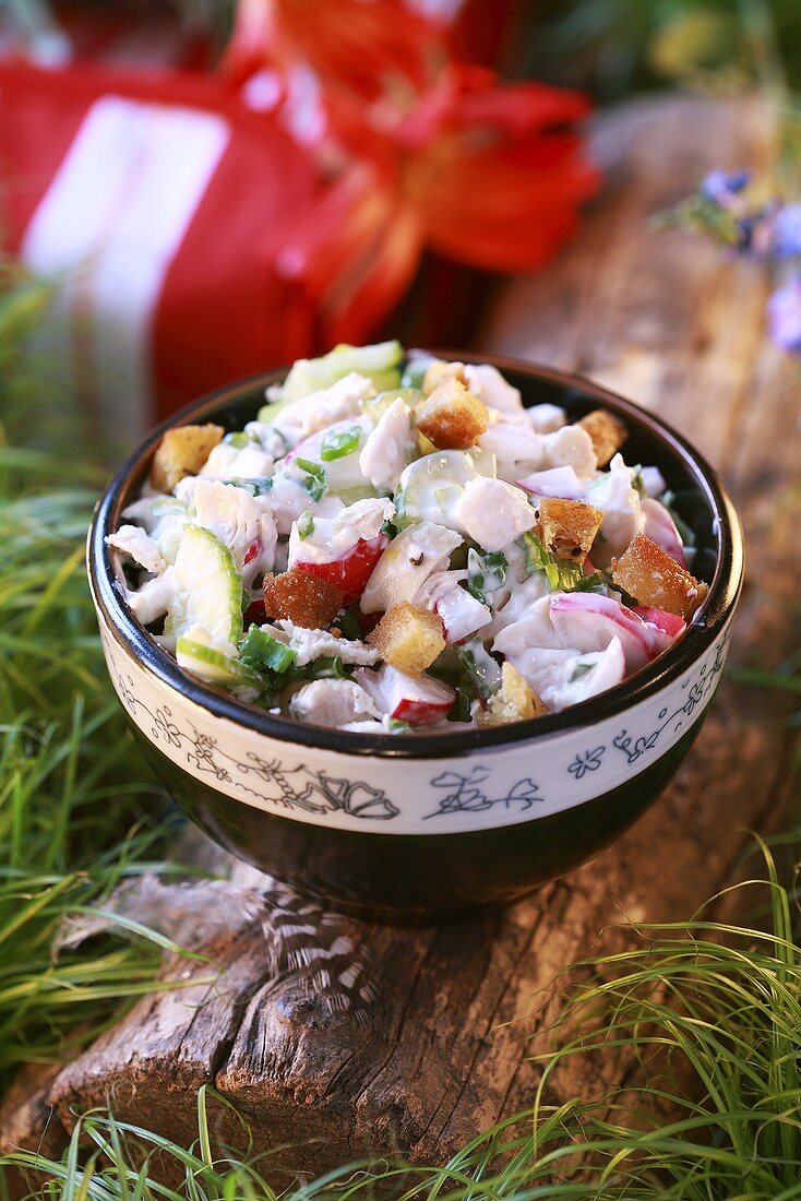 Chicken and vegetable salad for a picnic