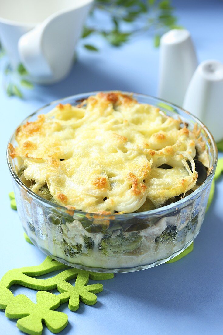 Cheese and vegetable bake in glass dish