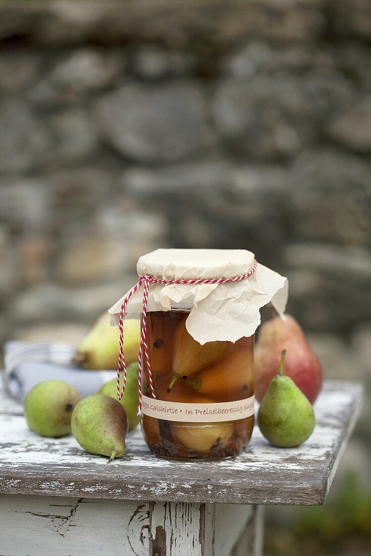 Bottled pears in jar