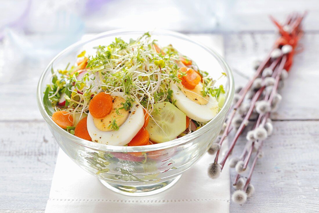 Cucumber, carrot, egg and cress salad for Easter