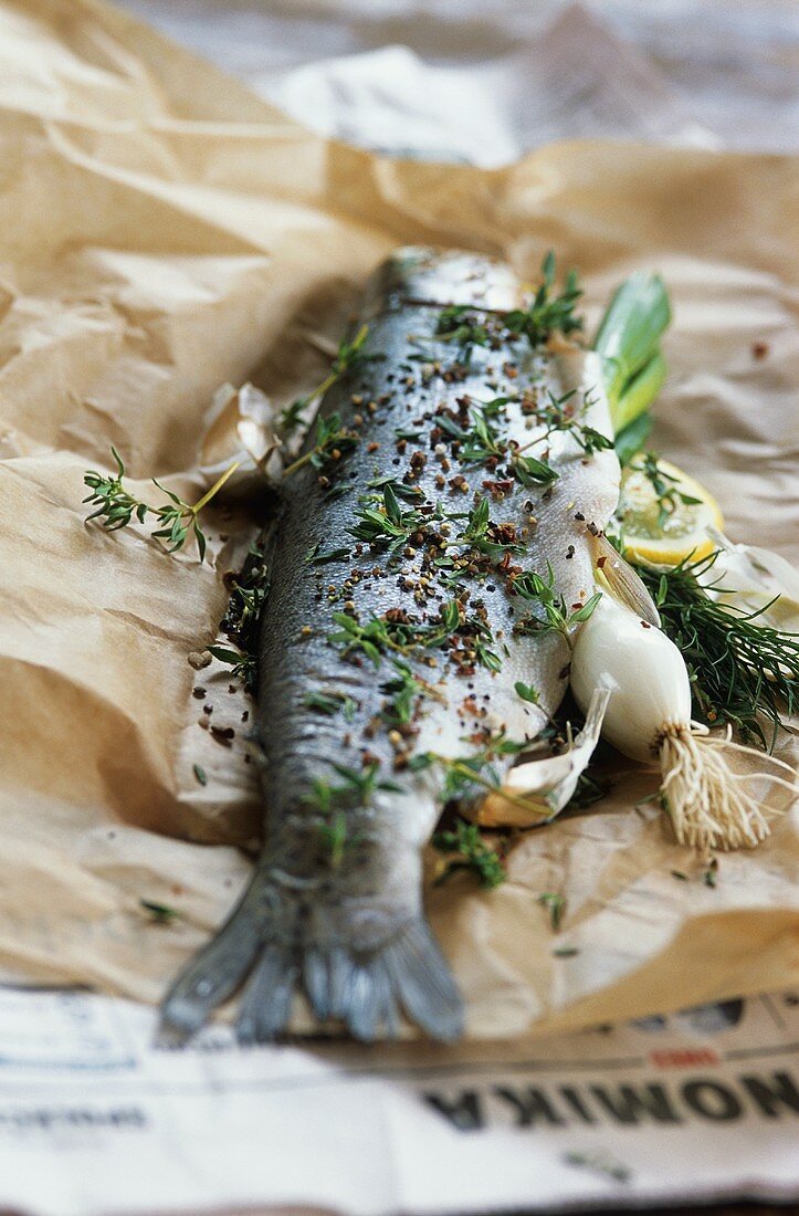 Trout with herbs and spices on greaseproof paper