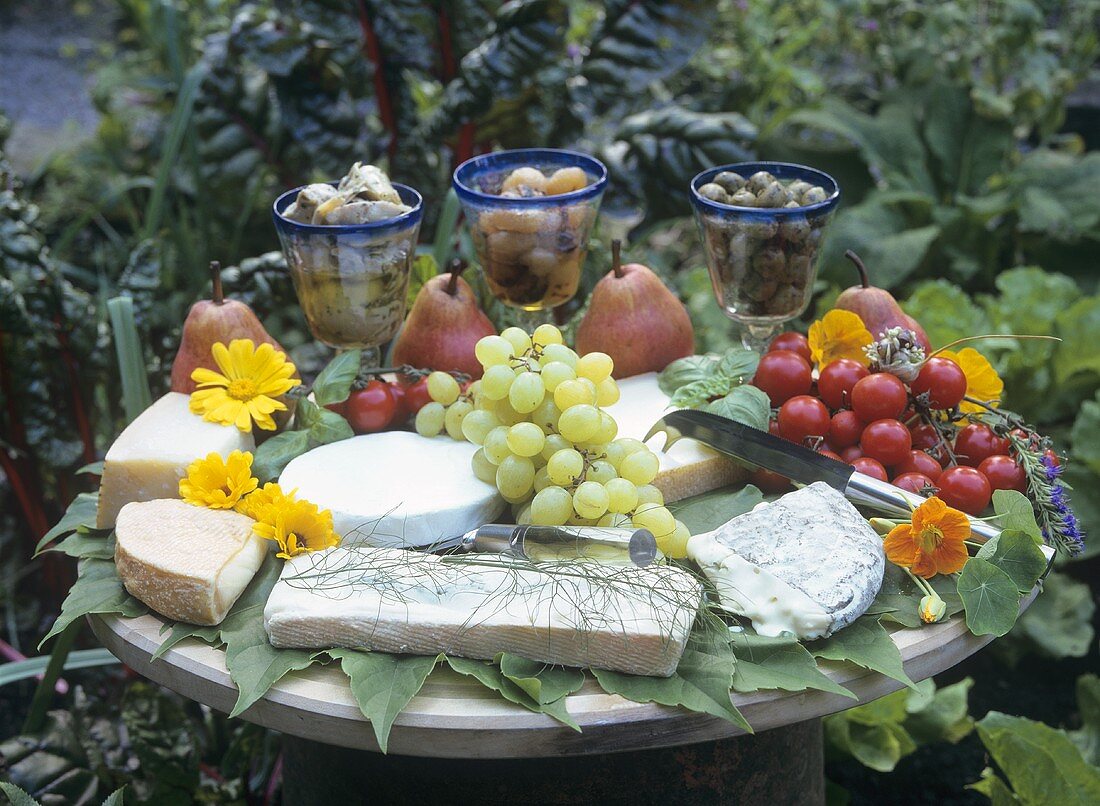 Im Garten angerichtete Käseplatte mit Obst und Gemüse
