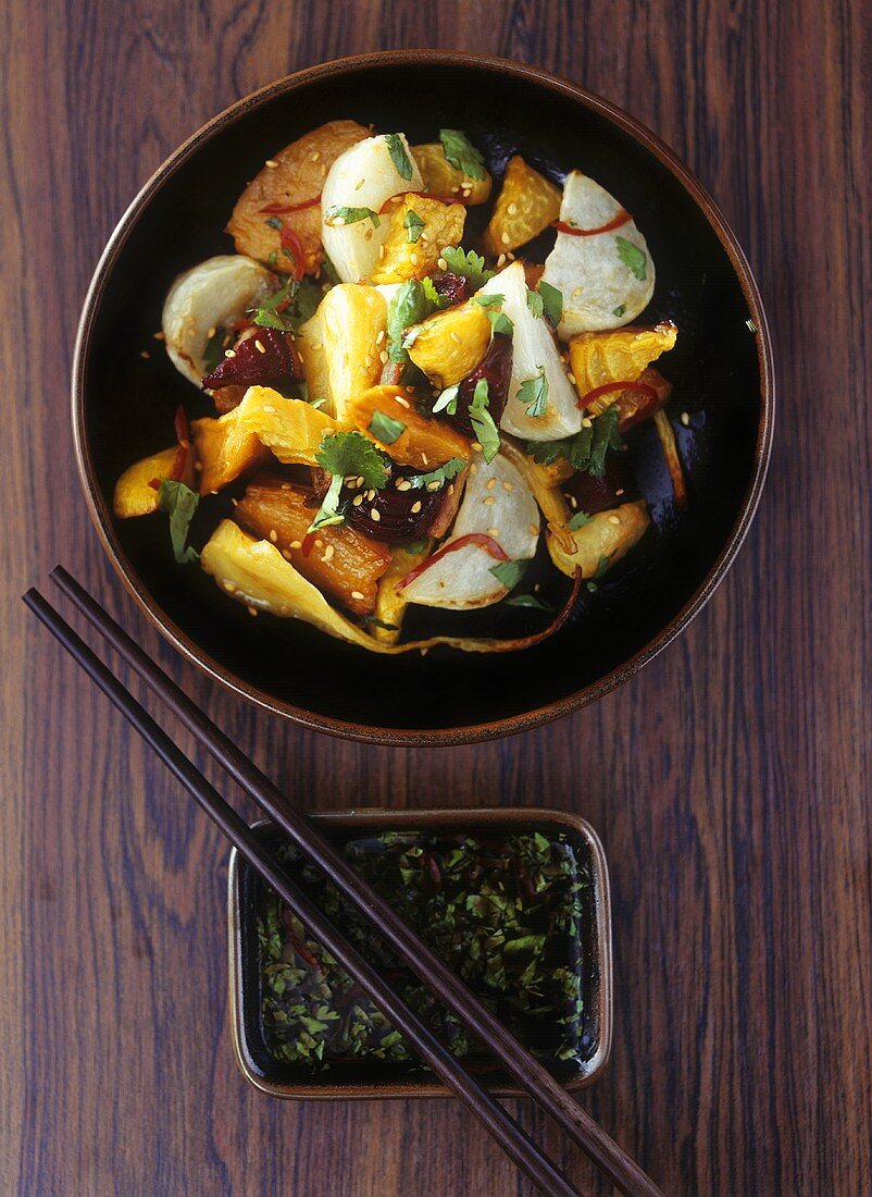 Grilled vegetables with sesame seeds and soy sauce