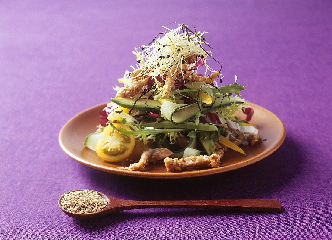 Vegetable salad with salmon, sesame seeds, sprouts & seaweed