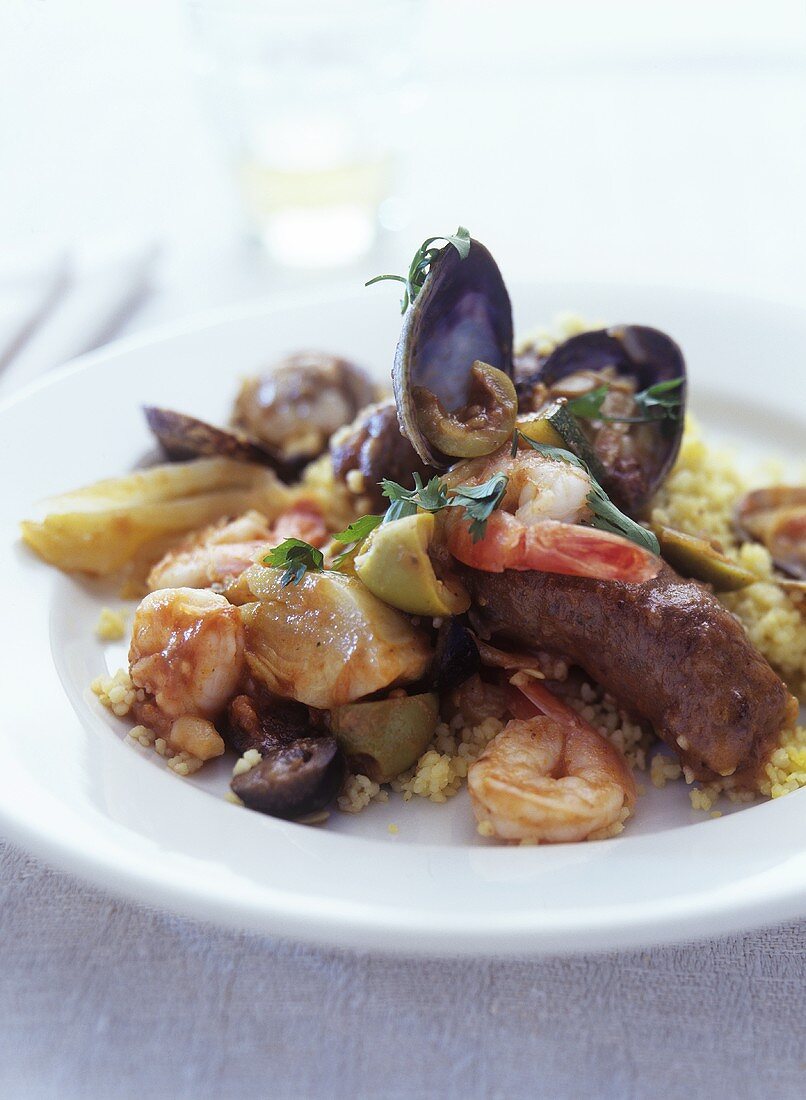 Couscous with seafood and Merguez sausage