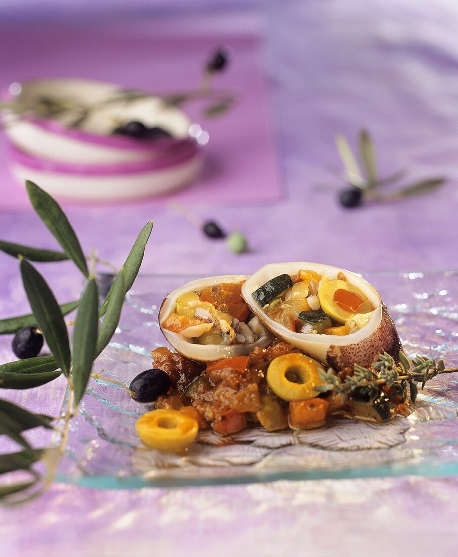 Stuffed squid with olives and mixed vegetables