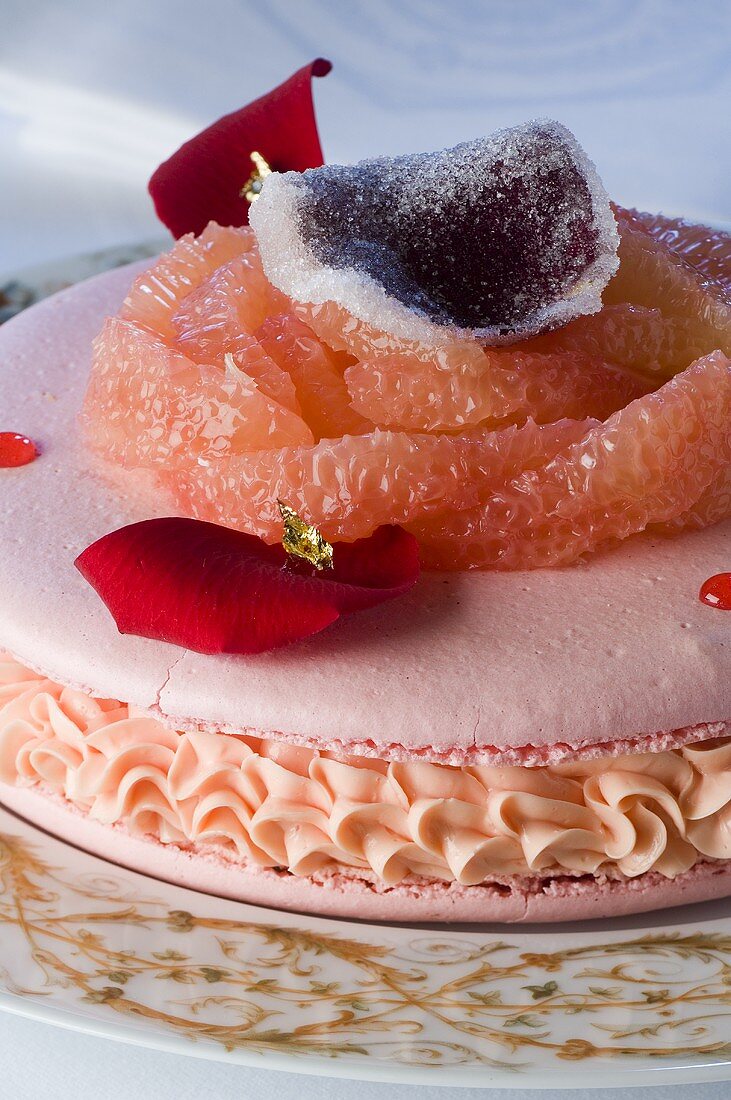 Pink macaron with grapefruit and rose petals