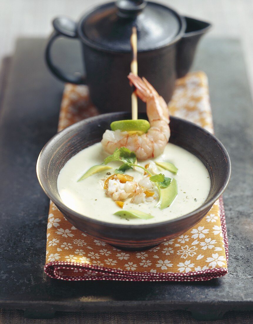 Avocado soup with physalis and shrimp tartare