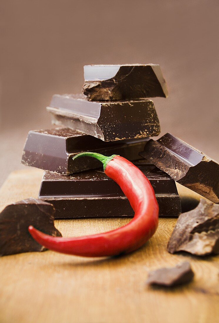 Pieces of chocolate with chilli