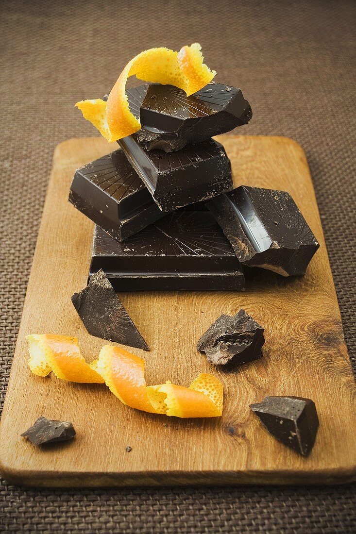 Pieces of chocolate with orange peel