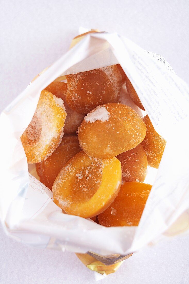 Frozen apricots in freezer bag