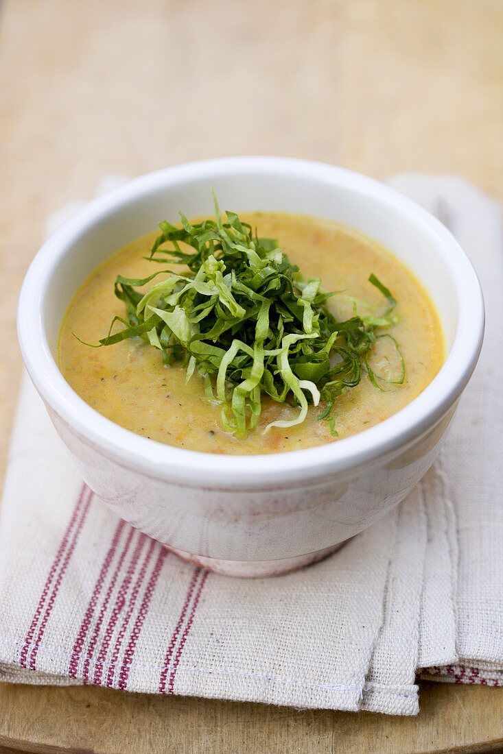 Gemüsesuppe mit Salatstreifen