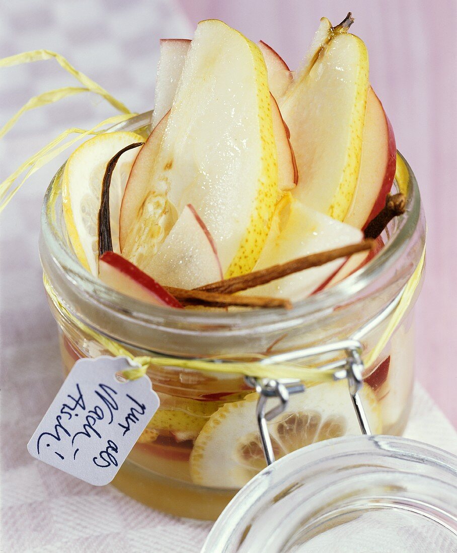 Apple and pear compote in a preserving jar