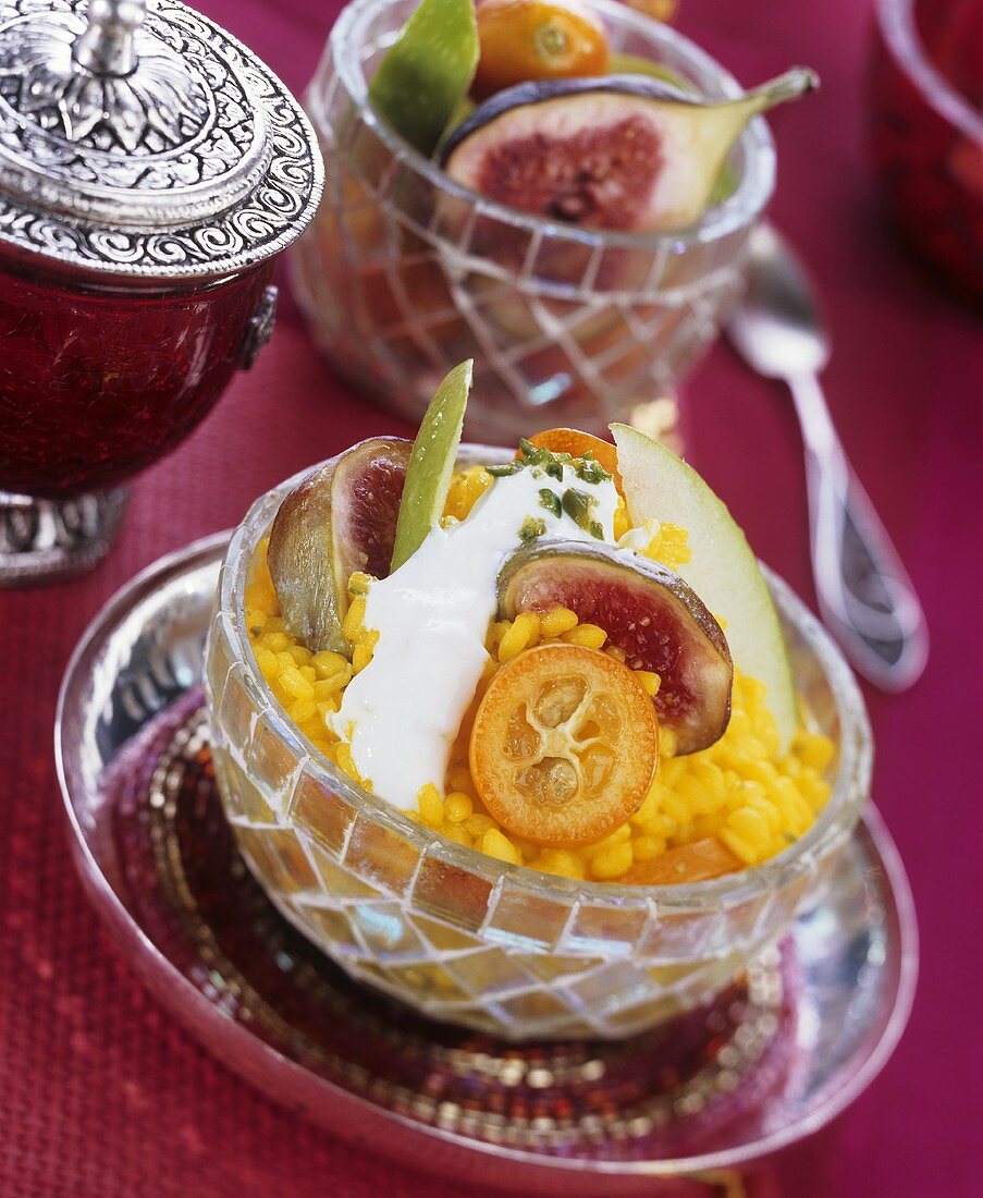 Sweet saffron rice with fruit and honey yoghurt