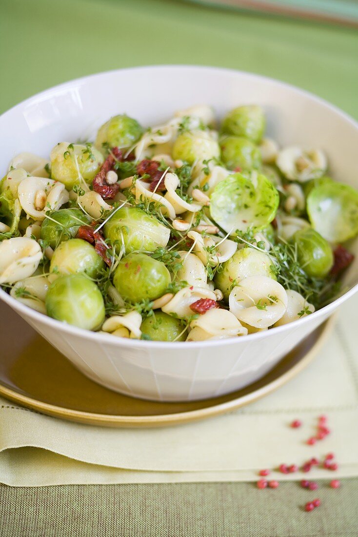 Brussels sprout and pasta salad with dried tomatoes and cress