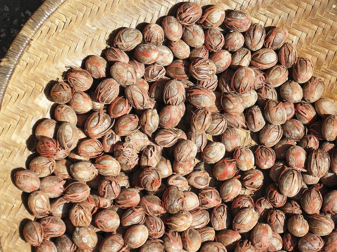 Nutmegs on wicker tray (overhead view)