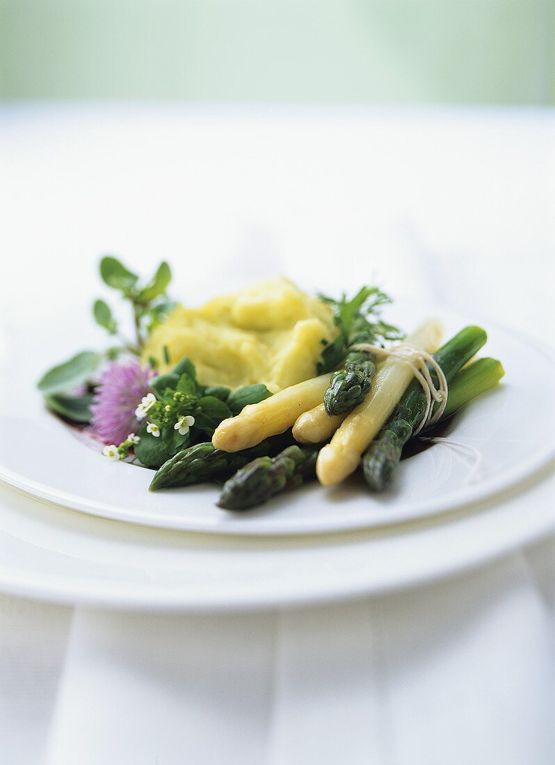 Green and white asparagus with mashed potato and herbs