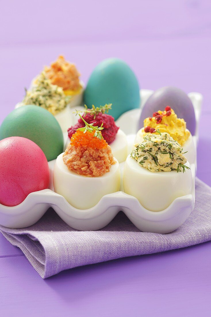 Coloured eggs and stuffed eggs for Easter