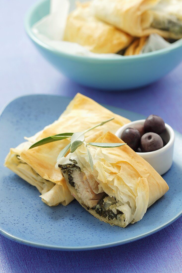 Chicken breast and spinach in filo pastry