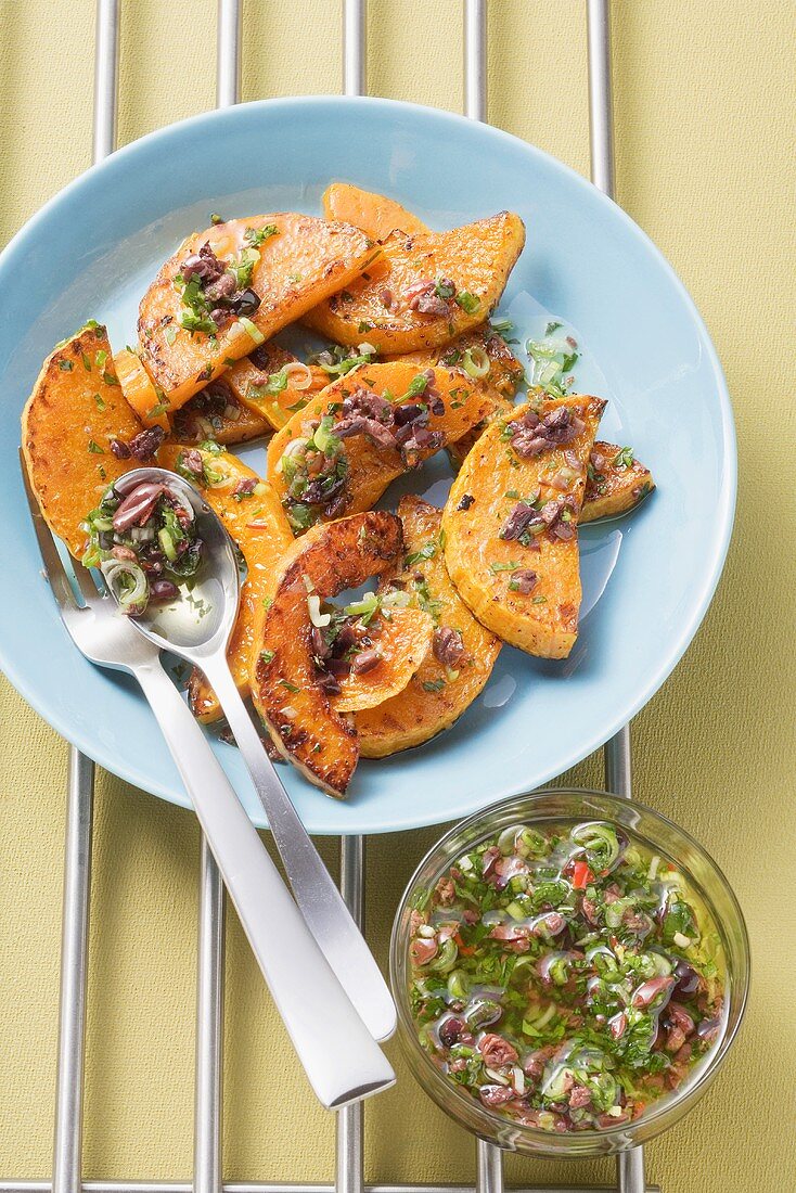 Grilled pumpkin with olive marinade