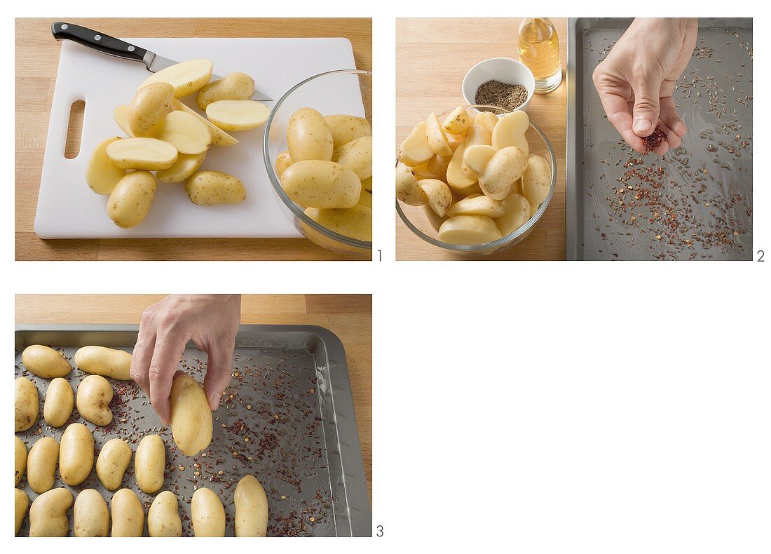 Preparing oven-baked potatoes with caraway seeds