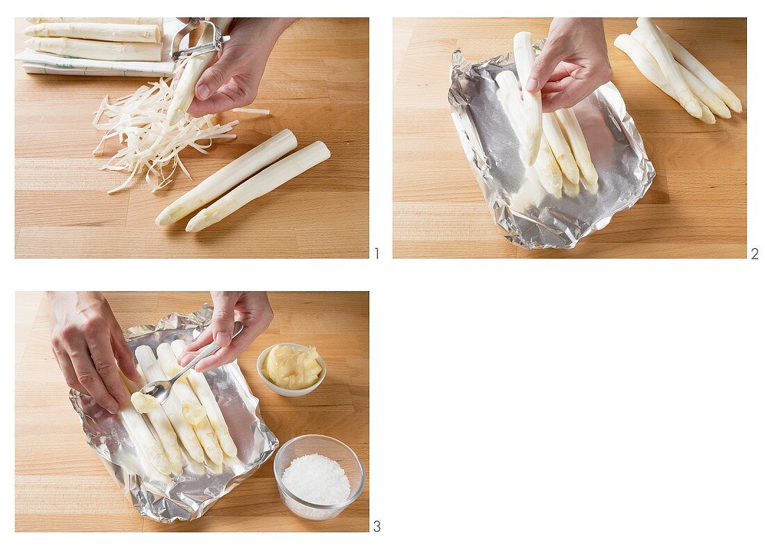 Preparing white asparagus cooked in foil