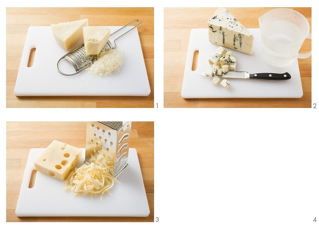 Käse zerkleinern (raspeln, in Würfel schneiden und hobeln)