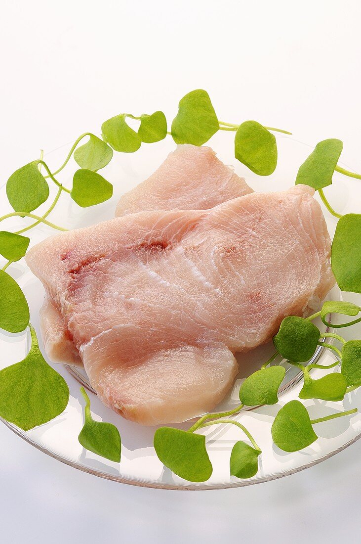 Raw swordfish steaks with watercress