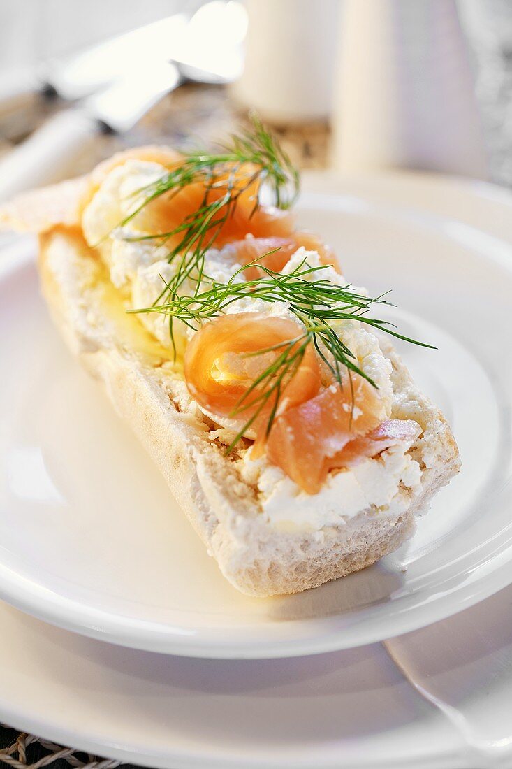 Cottage cheese and salmon on baguette