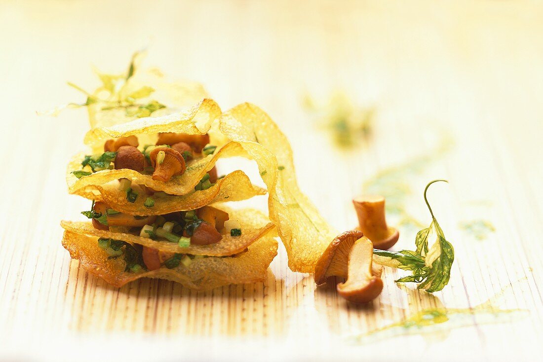 Chanterelles with herb crisps