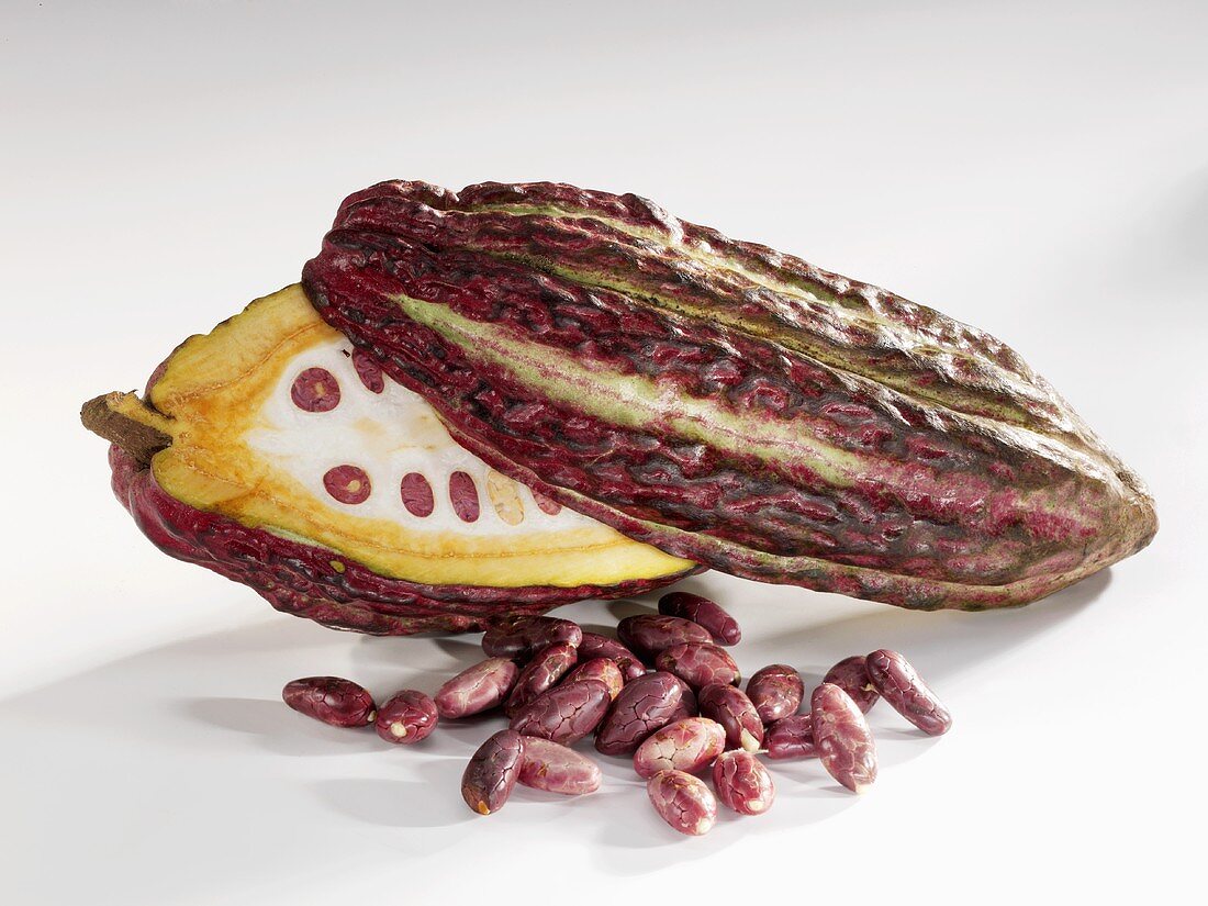 Halved cacao fruit pod with cocoa beans
