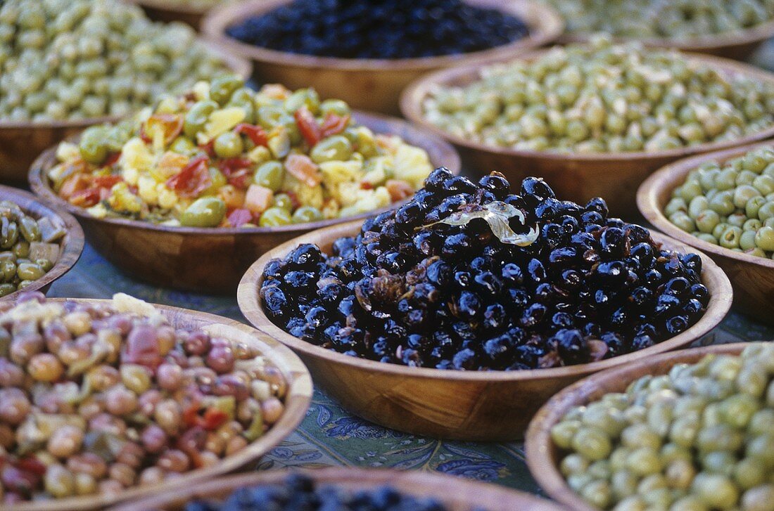 Pickled olives on a market stall in Provence