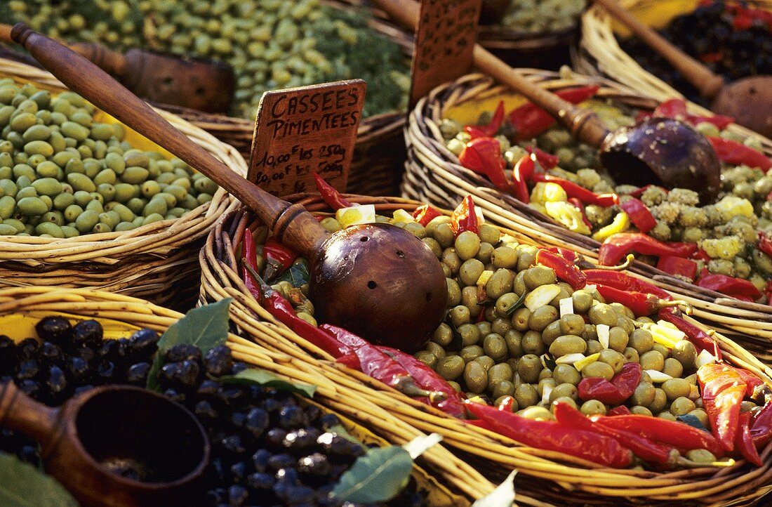 Pickled olives on a market stall in Provence