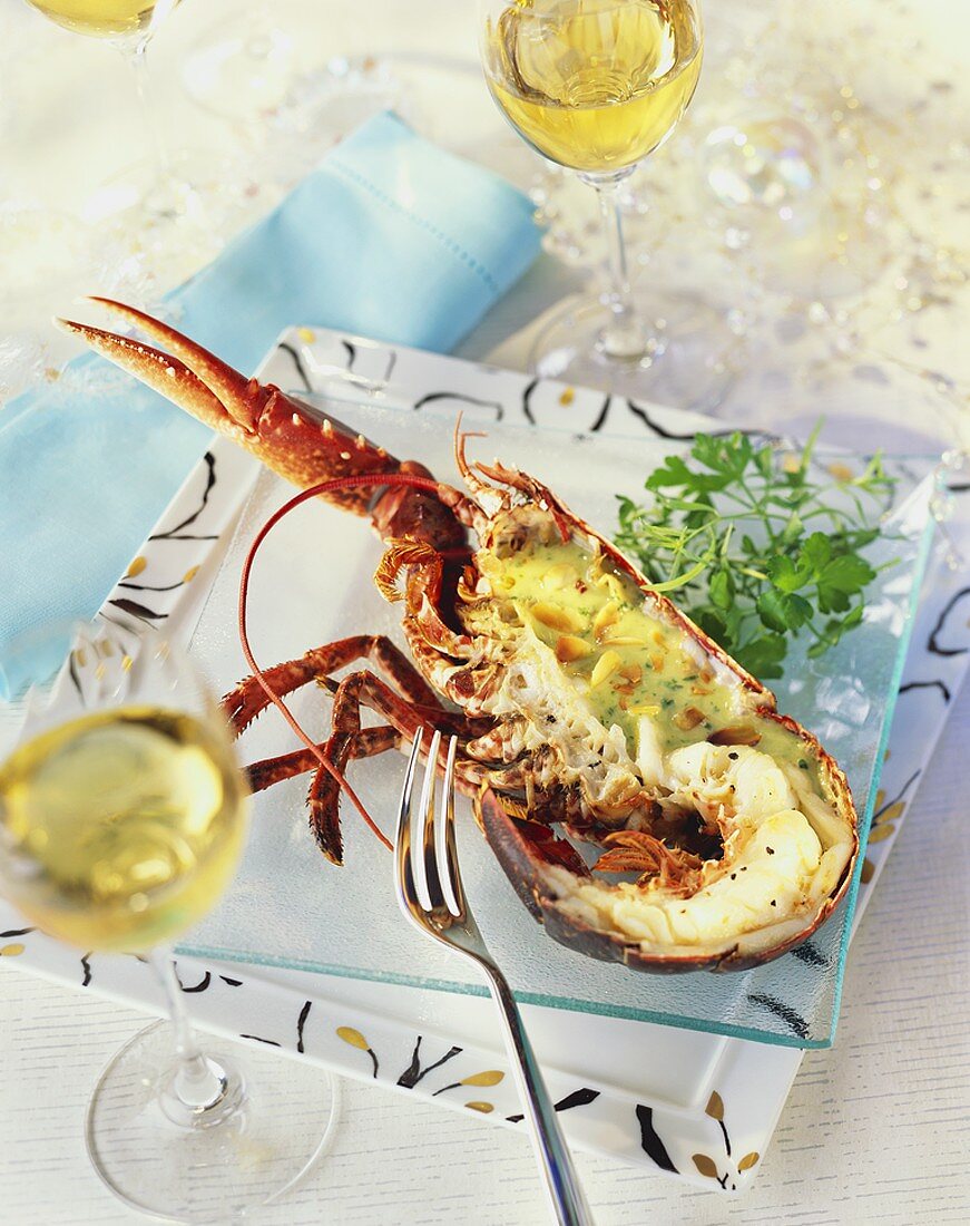Spiny lobster with herb sauce and almonds