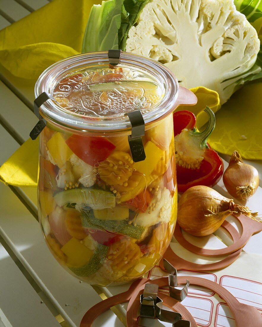A jar of mixed pickles