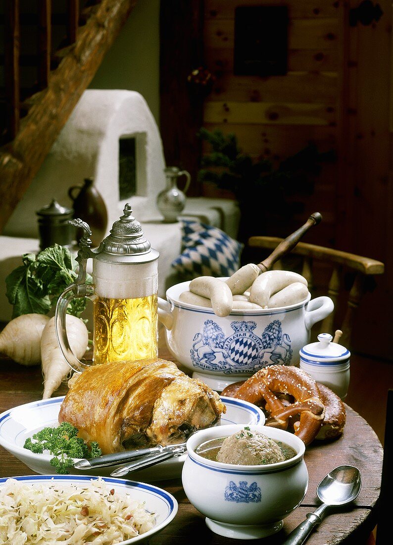 Bavarian cuisine (cabbage salad, liver dumpling soup, white sausage)