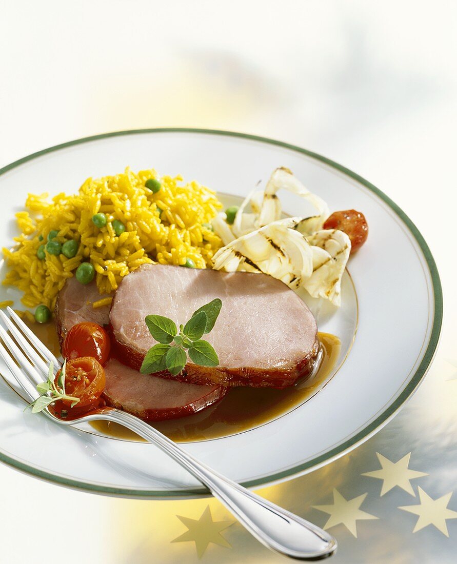 Asian-style cured, smoked pork with turmeric rice & fennel