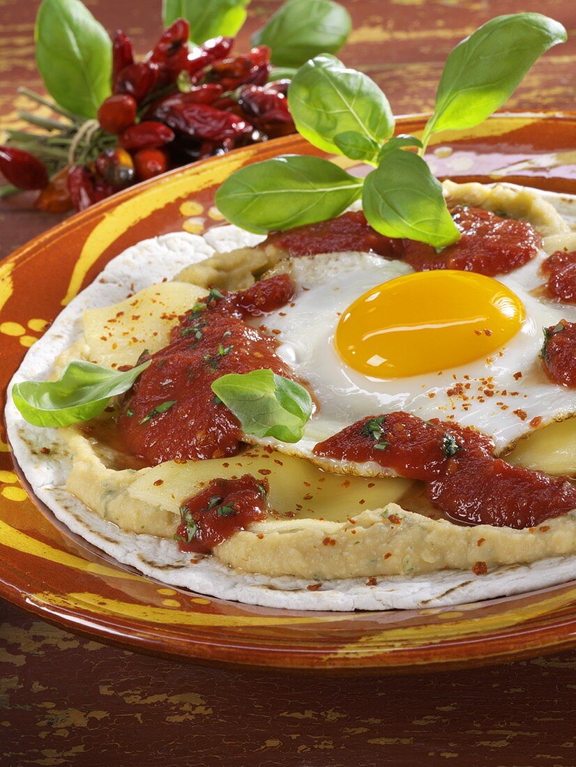 Tortilla mit Bohnenmus, Käse, Tomatensauce und Spiegelei