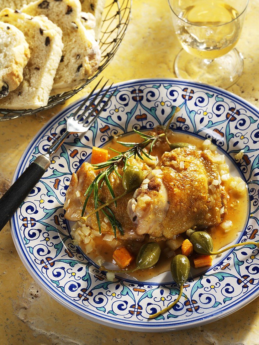 Chicken leg with capers and rosemary