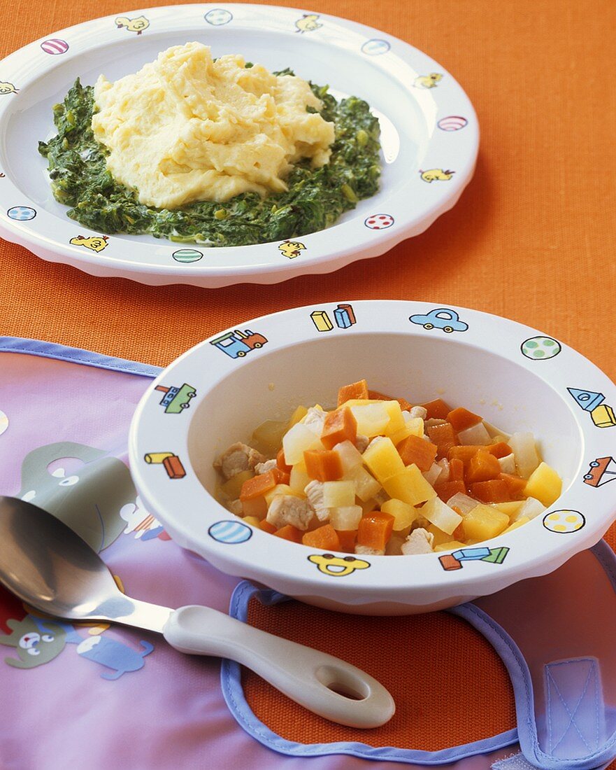 Gemüse mit Huhn & Kartoffelbrei mit Spinat (auch für Babys)