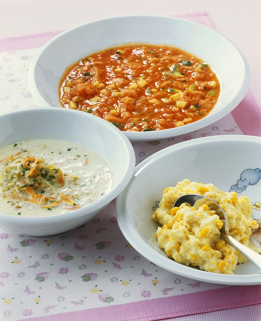 Polenta with sweetcorn, green spelt soup, bruschetta soup (for babies)