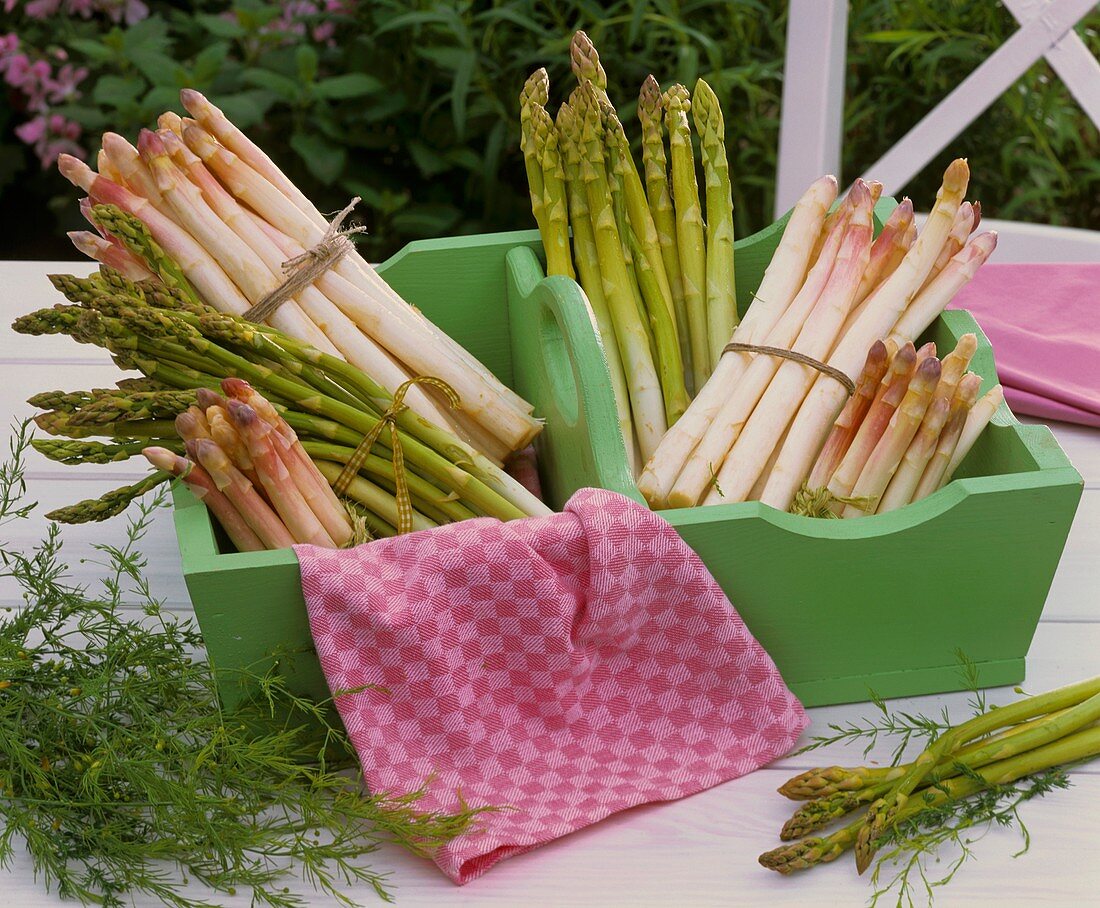 White and green asparagus in green wooden basket
