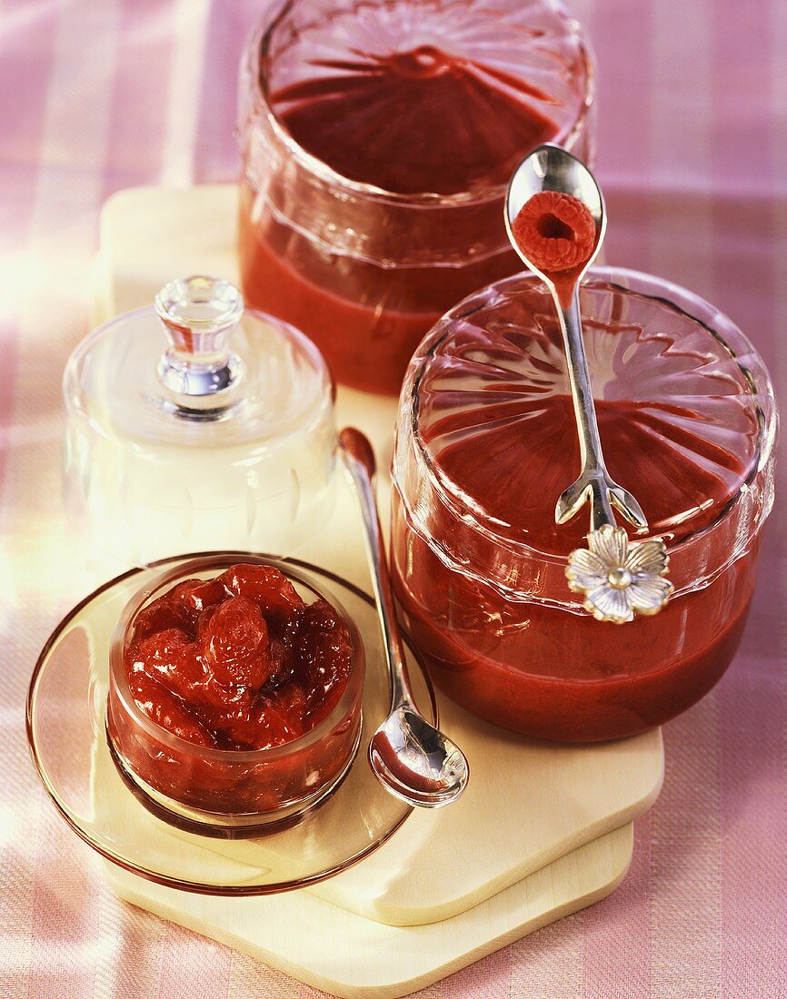 Strawberry and rhubarb jam, uncooked raspberry jam