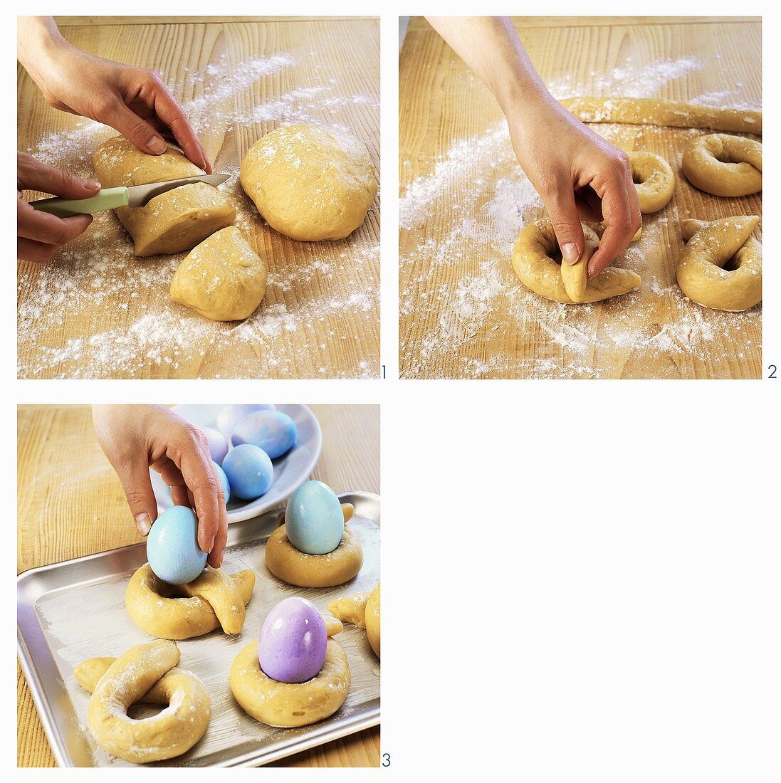 Making bread knots with eggs (Greek Easter speciality)