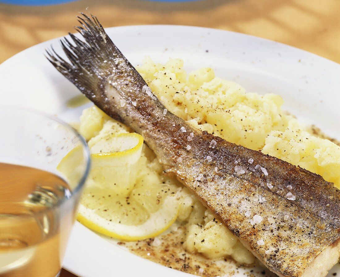 Fried redfish fillet with skordalia (garlic sauce)