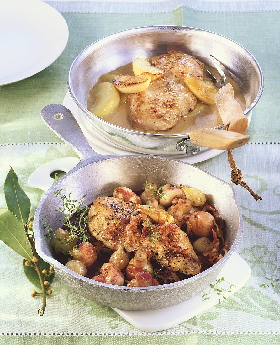 Calvadosschnitzel mit Apfelsauce, Rotweinhähnchen